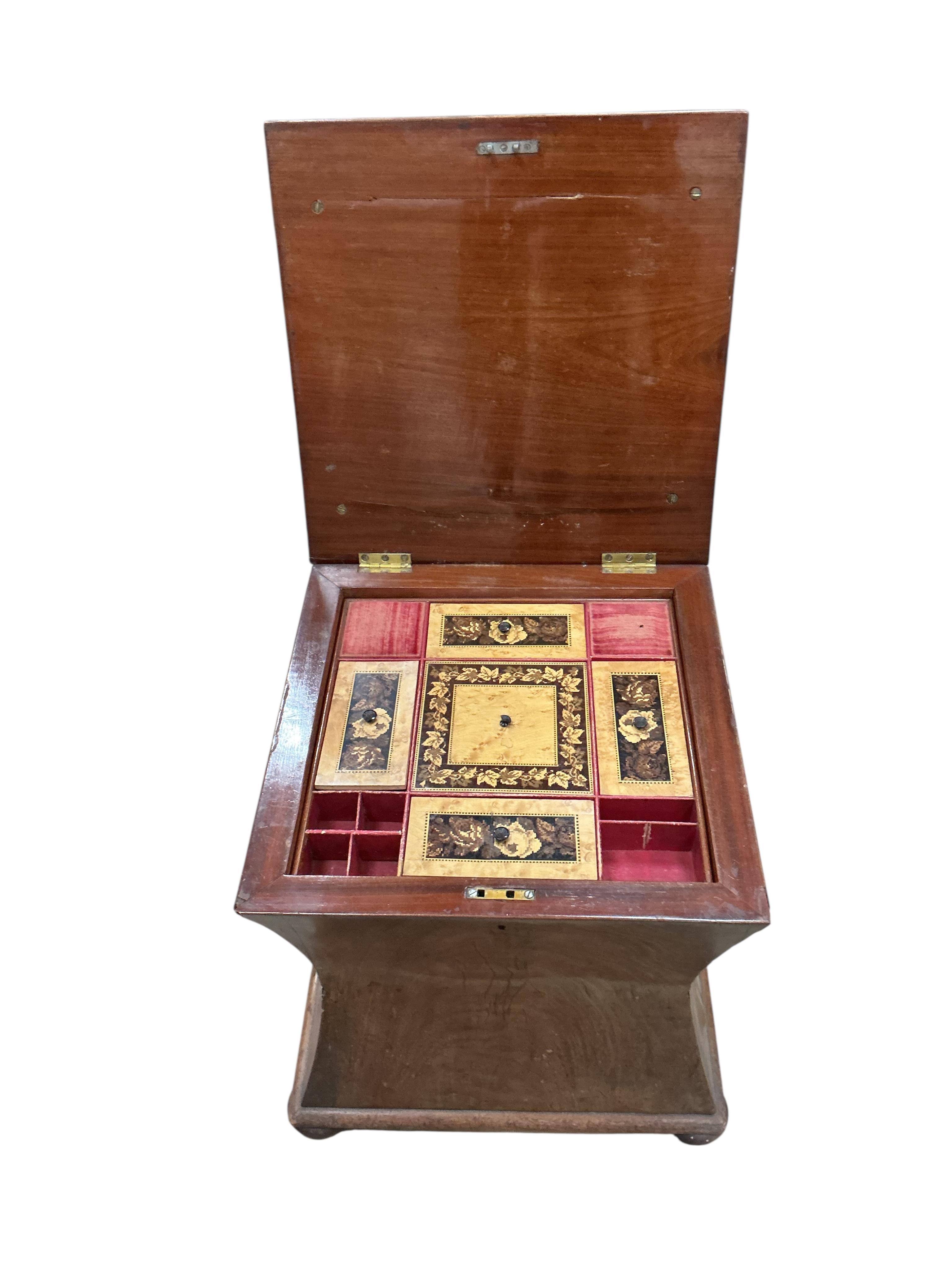 A Victorian mahogany stool / work box with floral tapestry seat and Tunbridge ware lidded interior, width 39cm, height 44cm
